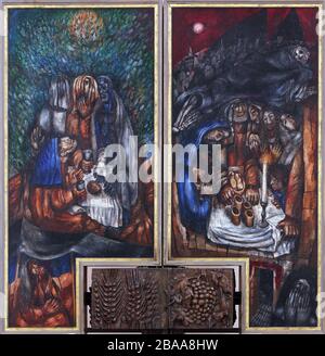 Abramo con tre stranieri, cena di Pasqua, altare maggiore di Sieger Koder nella chiesa di Santo Stefano a Wasseralfingen, Germania Foto Stock