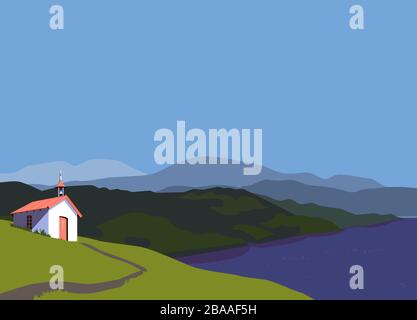 Piccola chiesa rurale in montagna vettore di colore piatto Illustrazione Vettoriale