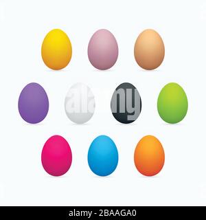 Uova di pasqua colorate su sfondo bianco. Set di icone delle uova tridimensionali. Illustrazione Vettoriale