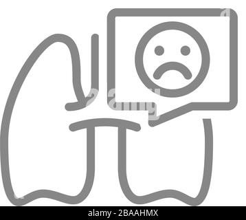 Polmoni con faccia triste nell'icona della linea della bolla vocale. Malattie degli organi interni, edema polmonare, simbolo della polmonite Illustrazione Vettoriale