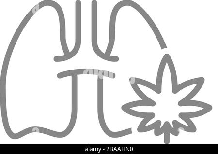 Polmoni umani con l'icona della linea della foglia di marijuana. Fumo di cannabis, simbolo del trattamento Illustrazione Vettoriale