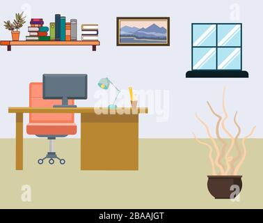 Illustrazione dello spazio di lavoro creativo dell'ufficio, interno moderno con finestra, pc, libri, sedia vuota, vettore piatto Illustrazione Vettoriale