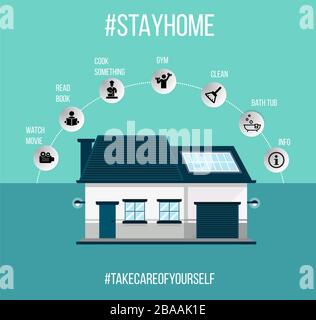 Illustrazione delle infografiche COVID 19 per rimanere a casa per essere al sicuro con passaggi ed elementi Illustrazione Vettoriale