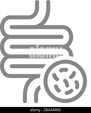 Intestino con l'icona della linea batterica. Sindrome dell'intestino irritabile, stipsi, simbolo di ostruzione intestinale Illustrazione Vettoriale