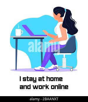 Vettore concettuale di prevenzione del coronavirus. La ragazza lavora o impara online e chiede che tutti rimangano a casa. Illustrazione freelancer. Campagna sociale e. Illustrazione Vettoriale