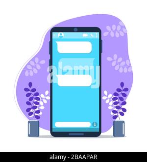 Chat sullo schermo del telefono con caselle di testo vocali vuote. Vettore modello di Mobile Messenger. Messaggio di dialogo per il social network. Illustrazione Vettoriale