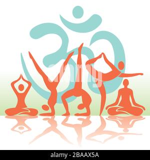 Yoga posiziona le silhouette con il simbolo om. Illustrazione di cinque pose yoga, icone. Vettore disponibile. Illustrazione Vettoriale