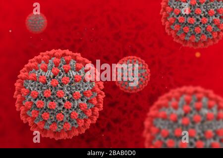 Virus Corona covid-19 su una bg rossa. 2019-ncov influenza focolaio.Corona virus fluttuante in un sfondo rosso 3d illustrazione medica. Rendering 3D Foto Stock