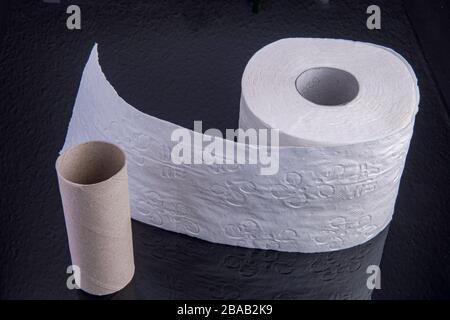Rotolo di carta igienica con rotolo vuoto su nero Foto Stock