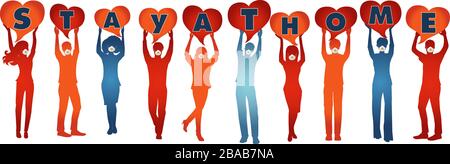 Silhouette persone maschere mediche tenendo cuore-a forma di bolla del parlato con scritta -soggiorno a casa- campagna di consapevolezza per prevenire il contagio coronavirus Illustrazione Vettoriale