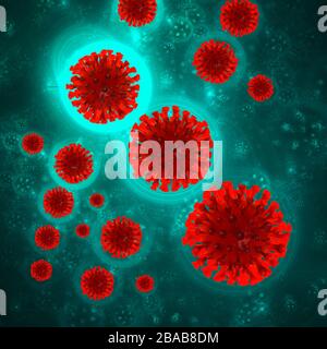 Coronavirus Wuhan, China COVID-19 sfondo con molecole di cellule corona intorno. Condizione epidemica illustrazione 3d su sfondo verde con copyspace Foto Stock