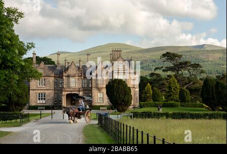 Muckross House and Gardens, carrozza trainata da cavalli o auto da turismo con turisti nel Killarney National Park, nella contea di Kerry, Irlanda Foto Stock