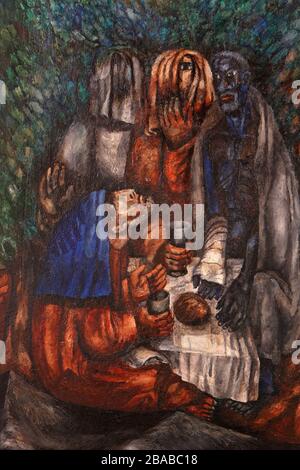 Abramo con tre stranieri, cena di Pasqua, altare maggiore di Sieger Koder nella chiesa di Santo Stefano a Wasseralfingen, Germania Foto Stock