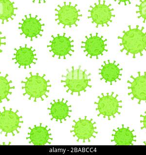 Cellule di coronavirus. Struttura del virus dell'influenza. Motivo senza cuciture colore verde isolato su sfondo bianco. Illustrazione vettoriale disegnata a mano. Illustrazione Vettoriale