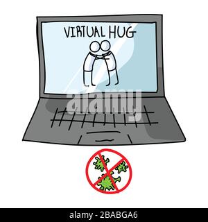 Invio virtuale hug corona virus crisi banner sul laptop. Sconfiggere sars cov 2 rimanere a casa infografica. Amore per i social media. Messaggio di supporto pandemico virale Illustrazione Vettoriale