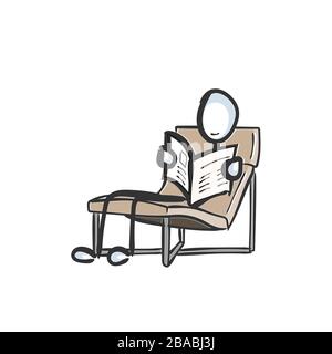 Leggere le notizie. Uomo che tiene giornale. Leggi la rivista o il giornale Rilassati sulla sedia. Disegnato a mano. Cartoon Stickman. Schizzo di Doodle, illustrazione grafica vettoriale Illustrazione Vettoriale