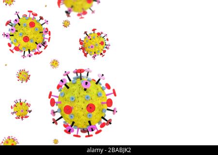 Cellule di coronavirus su sfondo bianco con spazio di copia. Giallo rosso microscopico modello di molecola 3D del virus influenzale. Concetto di COVID-19, SARS-Cov-2 Foto Stock