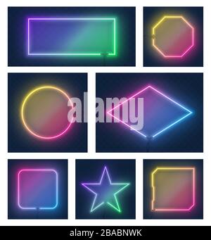 Set di realistiche cornici al neon colorate e luminose, isolate su sfondo trasparente. Effetto neon luminoso e luminoso. Ogni fotogramma è sep Illustrazione Vettoriale