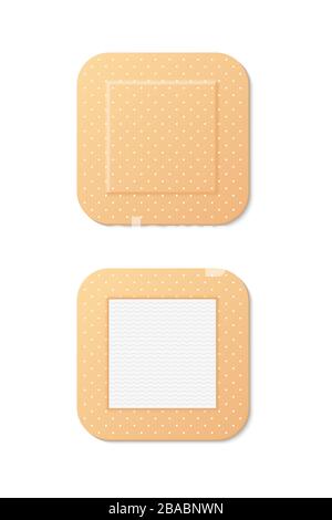 Grande quadrato medico intonaco icona realistica. Kit di pronto soccorso, guarigione, lesioni. Concetto di intonaco. L'illustrazione vettoriale può essere usata per argomenti come la medicina, Illustrazione Vettoriale