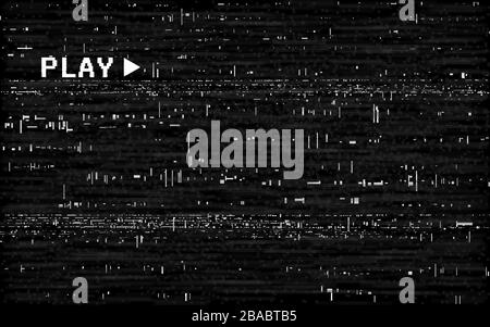 Template VHS di glitch. Vecchio effetto fotocamera con linee casuali bianche. Riavvolgi la texture. Distorsioni orizzontali su sfondo nero. Concetto di assenza di segnale video Illustrazione Vettoriale