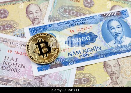 Primo piano su una moneta di Bitcoin d'oro sopra una pila di banconote di Dong vietnamita. Foto Stock
