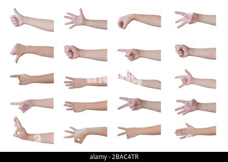 Set di mani bambino con simboli e gesti isolati su sfondo bianco. Con tracciato di ritaglio. Foto Stock