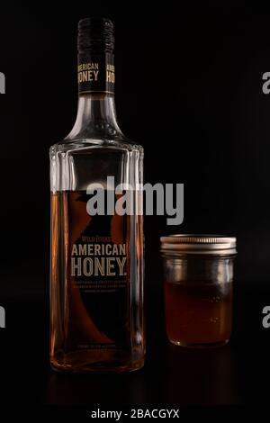 studio shot di bottiglia di miele americano Wild Turkey, vaso di semi di miele, sfondo nero Foto Stock