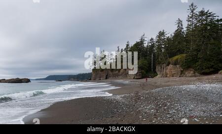 Escursioni a piedi lontani per backpacker lungo la spiaggia sul West Cost Trail a Vancouver Island, British Columbia, Canada Foto Stock