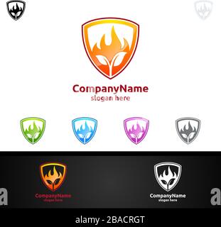 Fuoco e fiamma con foglia Logo concetto di design Illustrazione Vettoriale