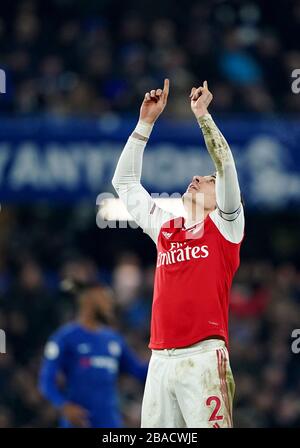 Hector Bellerin di Arsenal celebra il suo secondo obiettivo del gioco Foto Stock