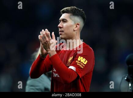 Roberto Firmino di Liverpool festeggia dopo il fischio finale Foto Stock