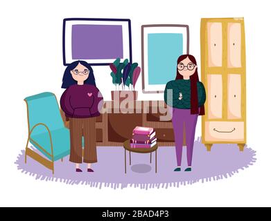 due donne con sedie mobili in vaso di piante cornici e libri sulla sala da tavola tempo libero illustrazione vettoriale Illustrazione Vettoriale