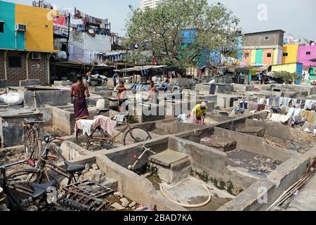 Dhobi Ghat lavanderia all'aperto a Mumbai, India Foto Stock