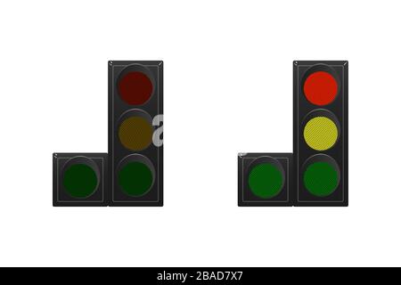 Serie di semafori. Rosso, giallo e verde. Il traffico è diritto, a sinistra. Illustrazione vettoriale. Cartello stradale. Illustrazione Vettoriale