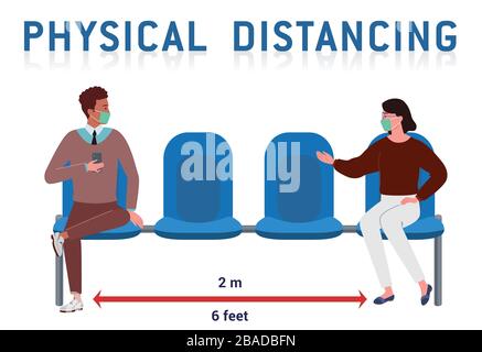 un uomo e una donna che indossano le maschere stanno chiacchierando mentre si siedono a parte mentre stanno facendo distancing fisico Illustrazione Vettoriale