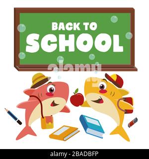 due squali bambino che usano borse e cappelli che accolgono felicemente la giornata di ritorno a scuola, sono circondati da forniture scolastiche e lavagna. Illustrazione Vettoriale