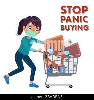 stop panico comprando. una donna che indossa una maschera spinge un carrello pieno di generi alimentari e articoli domestici nel panico. Illustrazione Vettoriale