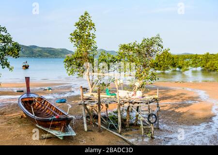 Barche a coda lunga con bassa marea sull'isola di Ko Yao noi vicino a Phuket, nel sud della Thailandia Foto Stock