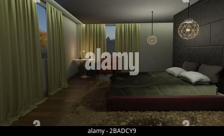 Illustrazione 3D del design moderno degli interni della camera da letto. Rendering 3D Foto Stock
