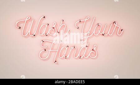 Lavarsi le mani brillante neon su sfondo bianco, ricordando alle persone di lavarsi le mani dopo aver utilizzato il bagno in modo da evitare di ottenere Coronavir Foto Stock