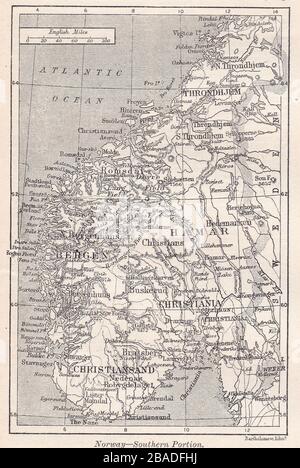 Mappa d'epoca della Norvegia - parte meridionale 1900s Foto Stock