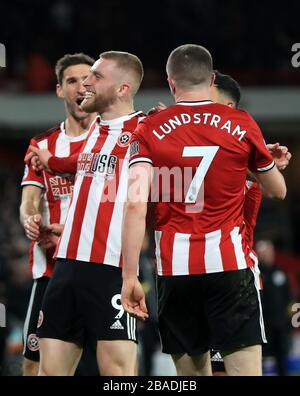 Oliver McBurnie di Sheffield United celebra il suo primo obiettivo del gioco Foto Stock