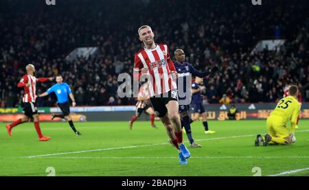 Oliver McBurnie di Sheffield United celebra il suo primo obiettivo del gioco Foto Stock
