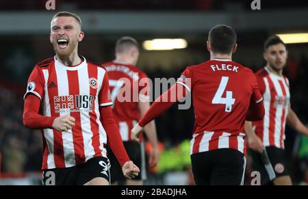 Oliver McBurnie di Sheffield United celebra il suo primo obiettivo del gioco Foto Stock