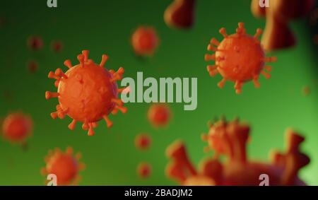 Coronavirus fluttuante in visione microscopica fluida, pandemia o concetto di infezione virale in 3D Foto Stock
