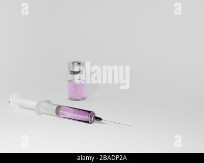 Siringa e flaconcino con liquido rosa o viola all'interno. Vaccino contro il Coronavirus. Rendering 3D. Foto Stock
