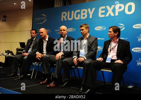 (Da sinistra a destra) Capo di Rugby Growth per la RFU Alistair Marks, ex capitano inglese Lawrence Dallaglio, Mark Egan dell'IRB, Nick Rennie della SRU e Mark McCafferty della Premiership Rugby durante il secondo giorno del Rugby Expo 2012 Foto Stock