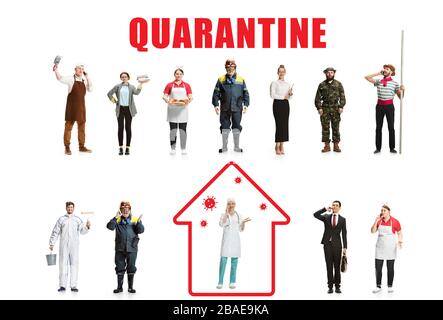 Lavoratori di diverse professioni che tengono la quarantena contro la diffusione del corovanirus. Protezione contro la polmonite epidemia di virus cinese, pandemia. Rimani a casa se ti senti malato. Prevenzione, concetto di sicurezza. Foto Stock