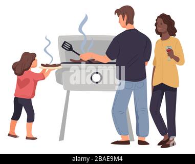 Famiglia in piedi vicino barbecue grigliare carne insieme vettore Illustrazione Vettoriale