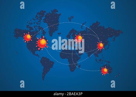 Covid-19 pandemia sulla mappa globale. La diffusione del virus corona pandemico in tutto il mondo, concetto, con presentazione virus e parola mappa Illustrazione Vettoriale